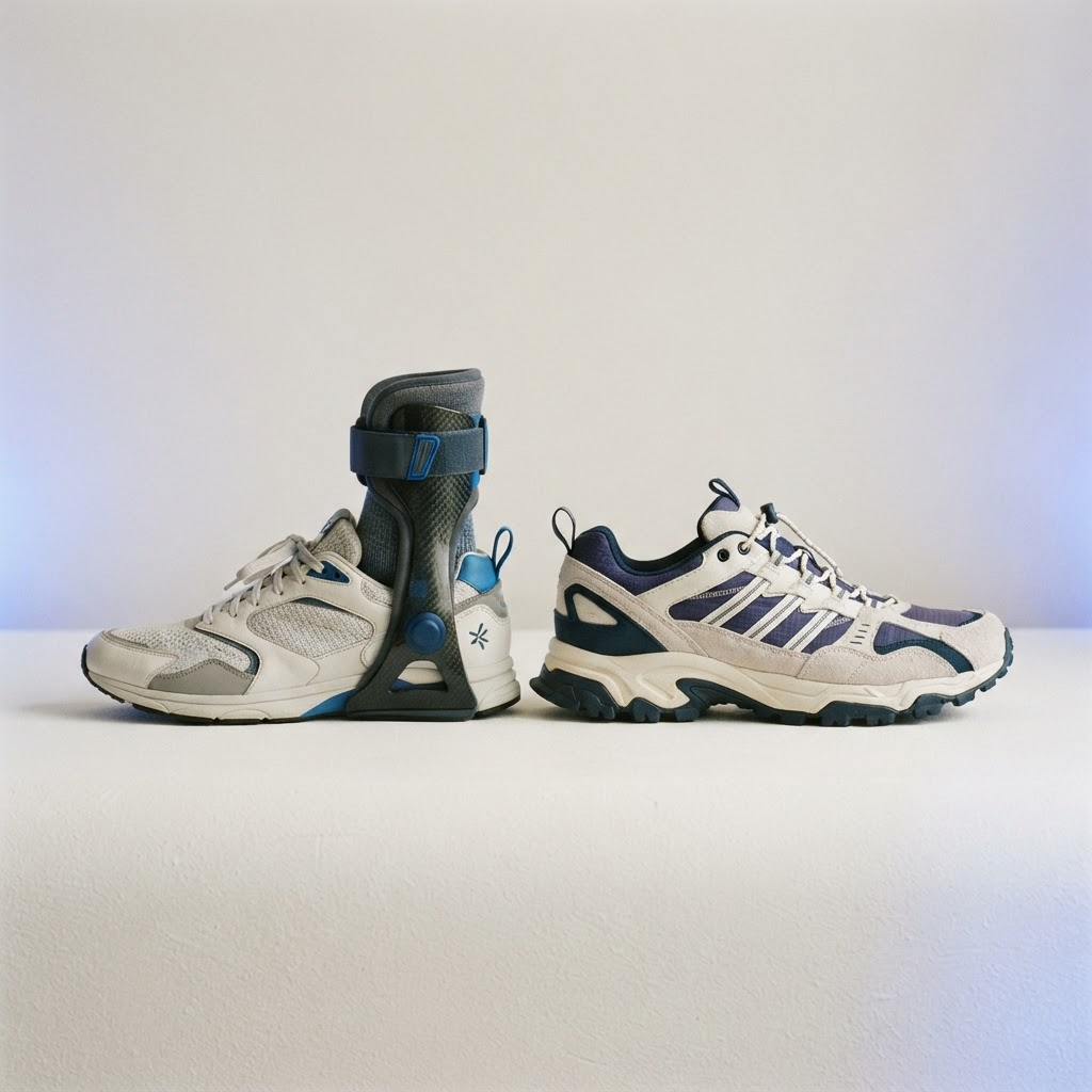Two premium sneakers of different sizes side by side, one with a modern ankle orthotic brace